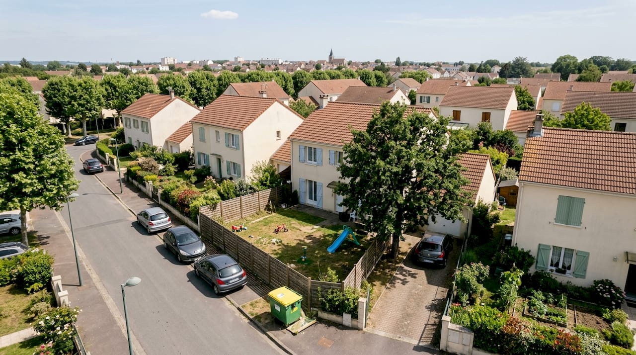 Vue panoramique sur un quartier résidentiel, avec ses maisons et leurs jardins bien entretenus.