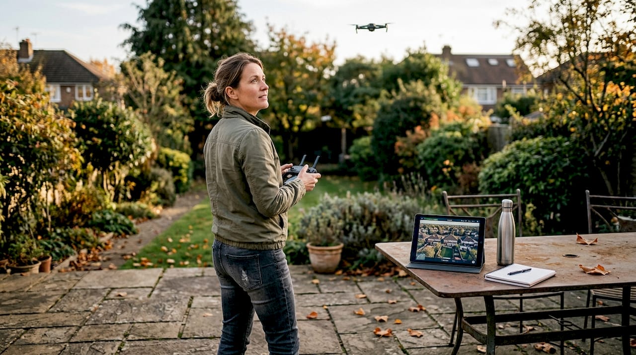 Dans son jardin, une femme s’amuse à piloter un drone, profitant du plein air pour tester ses talents de télépilote.