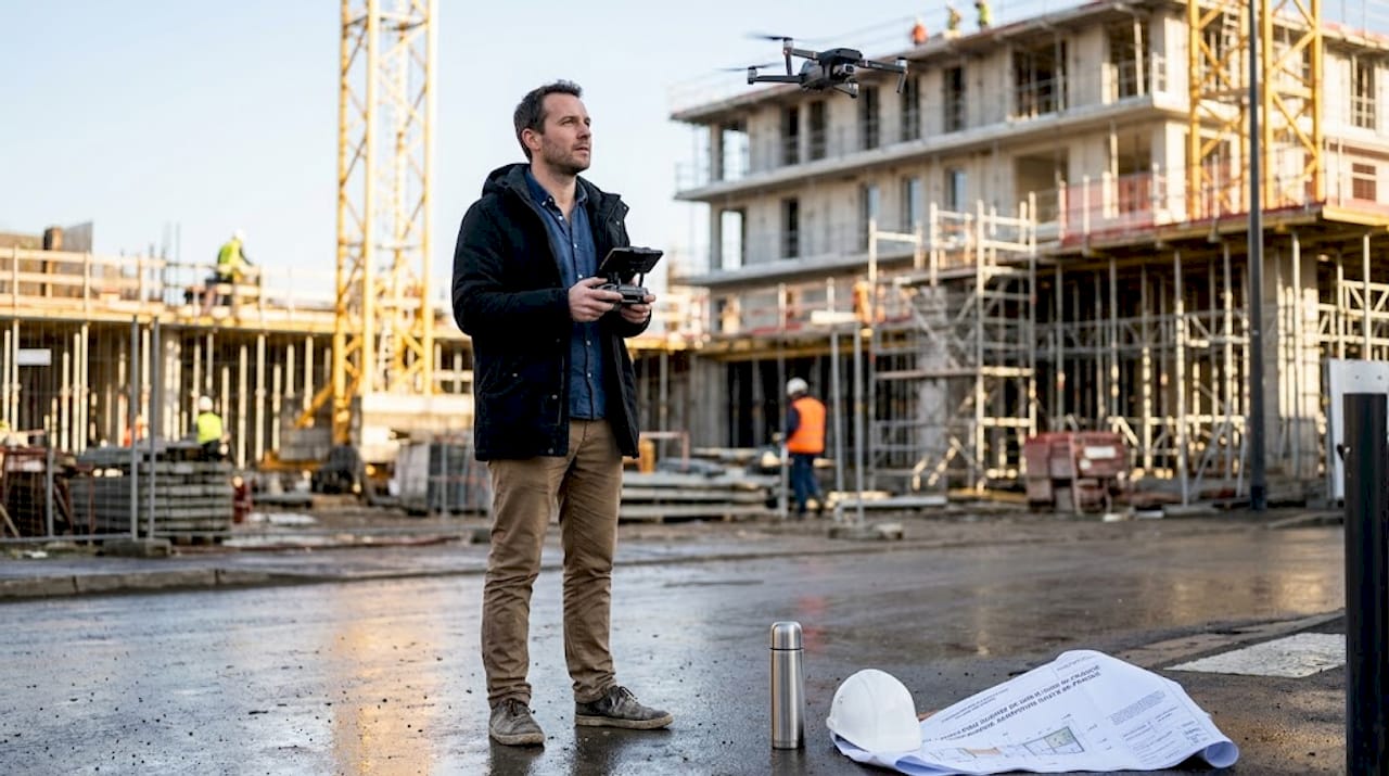 Pilote de drone en pleine captation vidéo sur un chantier urbain