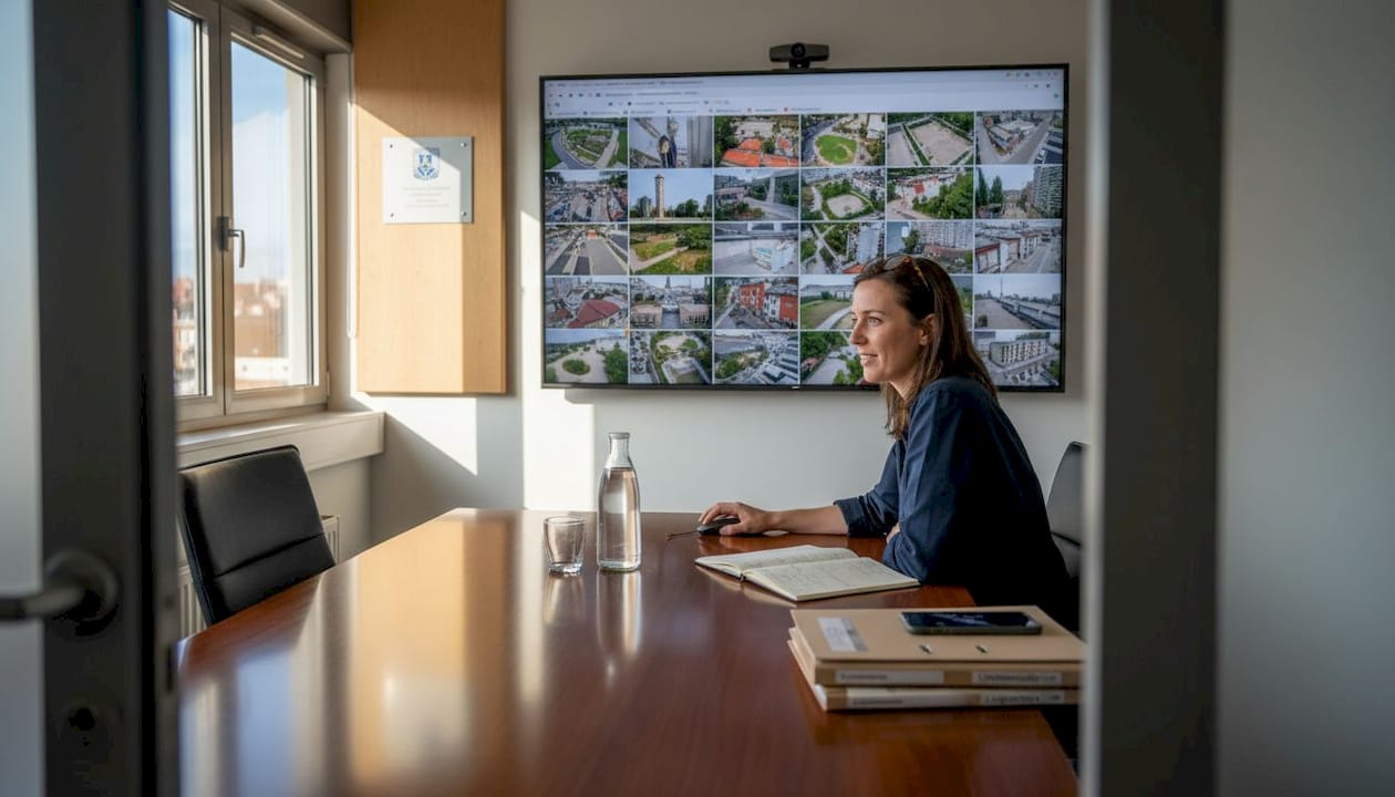 Un responsable visionne les images tournées par drone dans le cadre d’un projet audiovisuel.