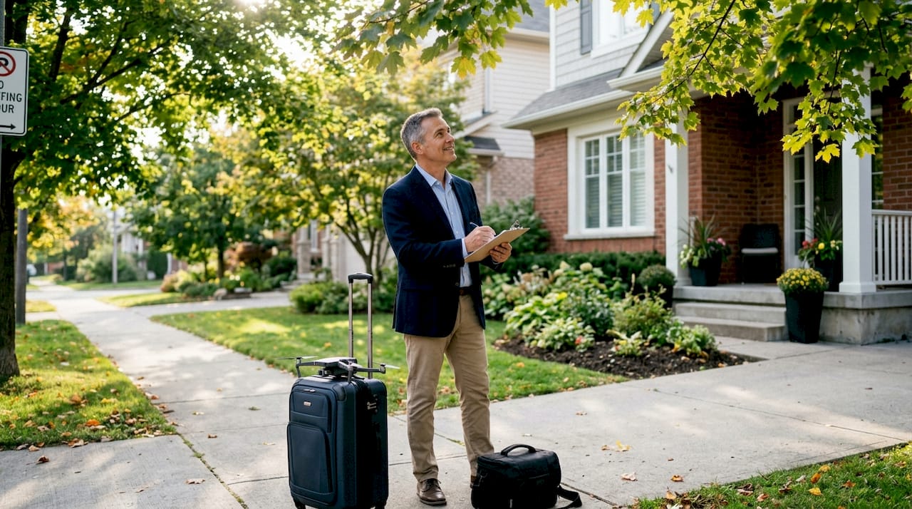 Un agent immobilier s'apprête à faire décoller un drone avant la séance photo.
