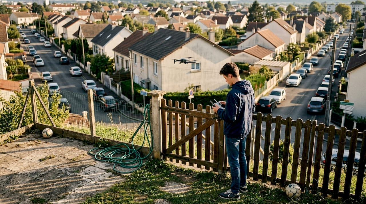 Un pilote de drone survole un quartier résidentiel pour filmer les maisons.