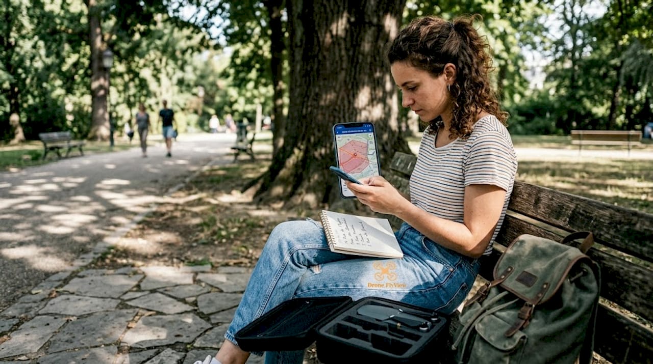 Une personne consulte les zones d’espace aérien sur son smartphone en plein air.