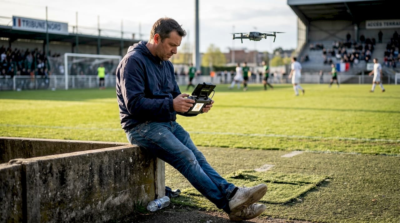 Un pilote de drone assure le contrôle de l’appareil lors d’un événement sportif sur le terrain.