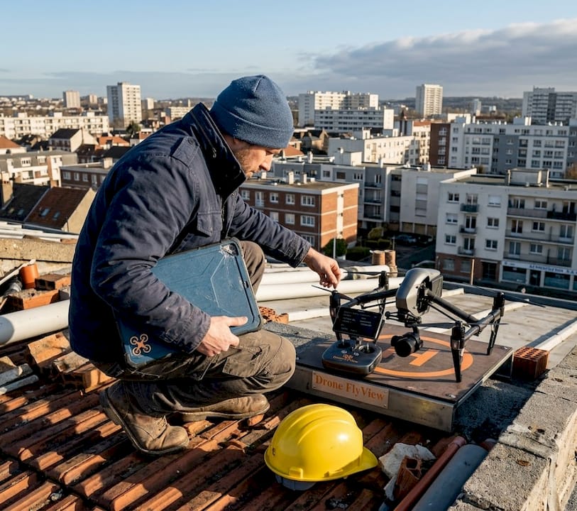 Un pilote de drone se prépare à réaliser un shooting immobilier depuis le toit d’un immeuble.
