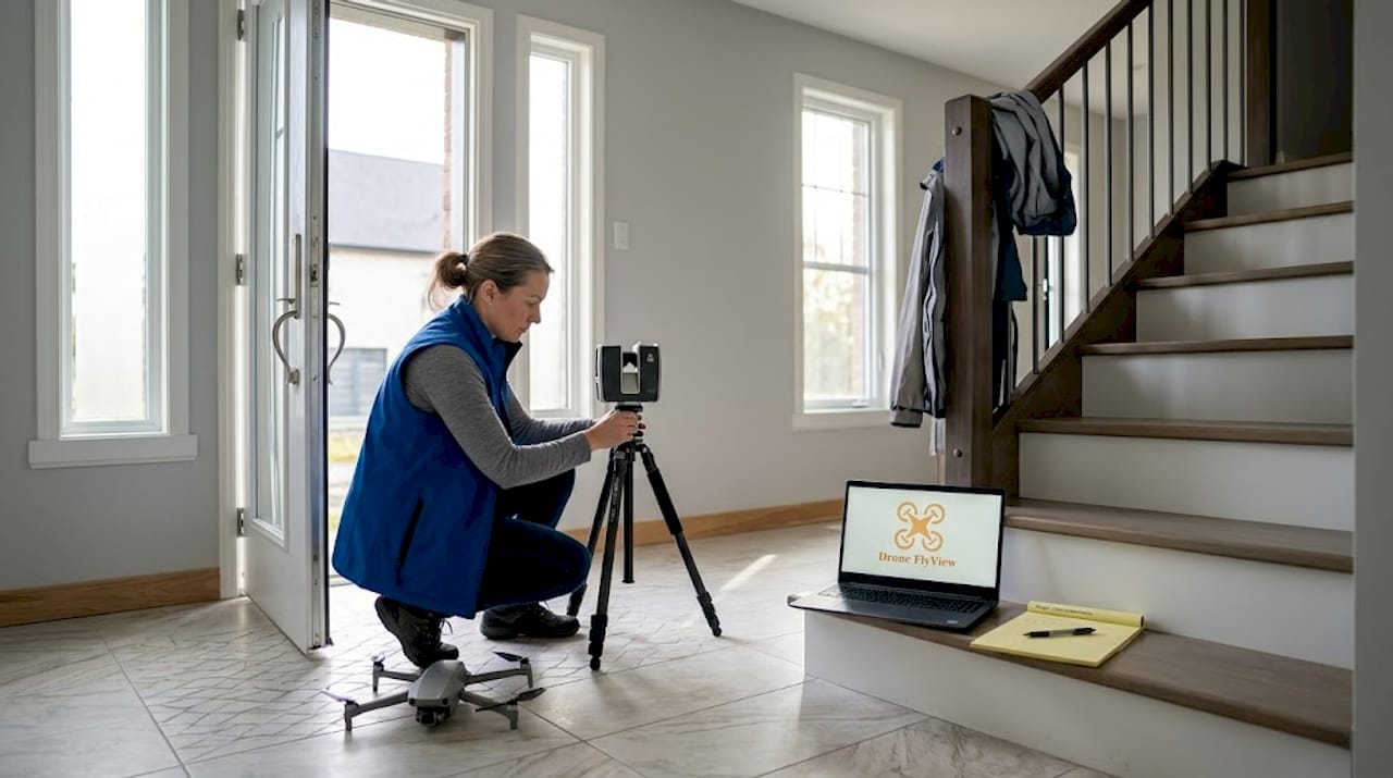 Un technicien procède à l’étalonnage d’un appareil de scan près d’un drone, dans un environnement intérieur.
