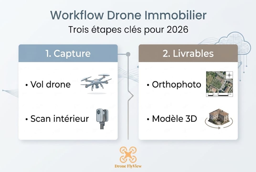 Découvrez, en un clin d’œil, les différentes étapes du processus de prise de vue immobilière par drone grâce à notre infographie.