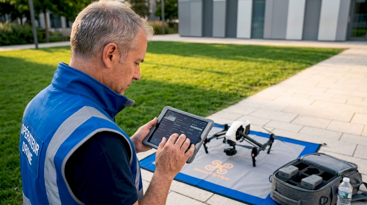 Un pilote de drone s’apprête à capturer une vue panoramique de la ville.
