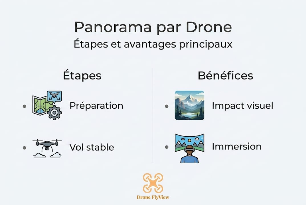Découvrez notre infographie dédiée à la création de panoramas par drone : suivez les différentes étapes clés et apprenez quels avantages concrets vous pouvez en tirer.