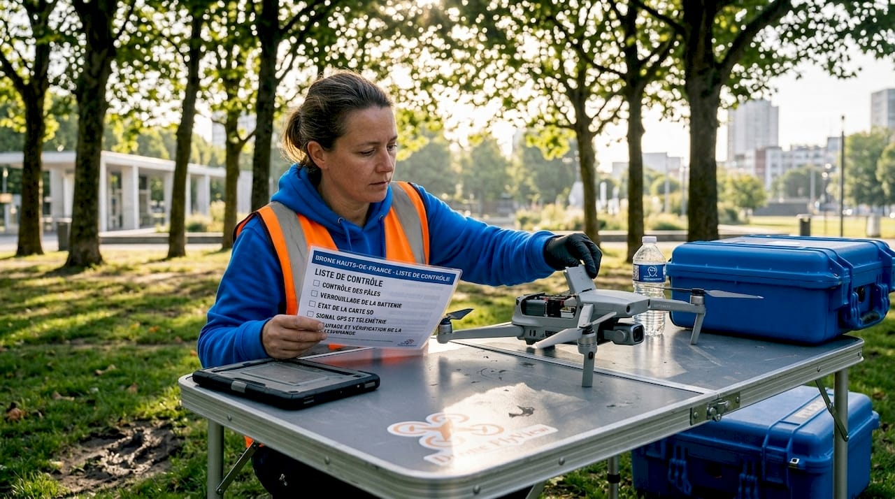 Un technicien s’affaire à préparer un drone avant son envol, en plein air.
