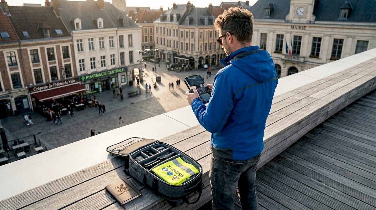 Un pilote de drone capture des images de l’événement en ville depuis le toit d’un immeuble.