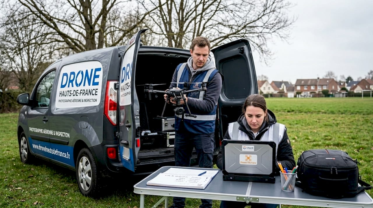 Une équipe spécialisée déploie un drone équipé d’une caméra pour survoler le champ.