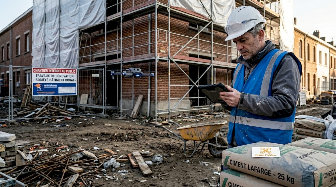 Un ingénieur supervise l'utilisation d'un drone pour inspecter un chantier de construction.