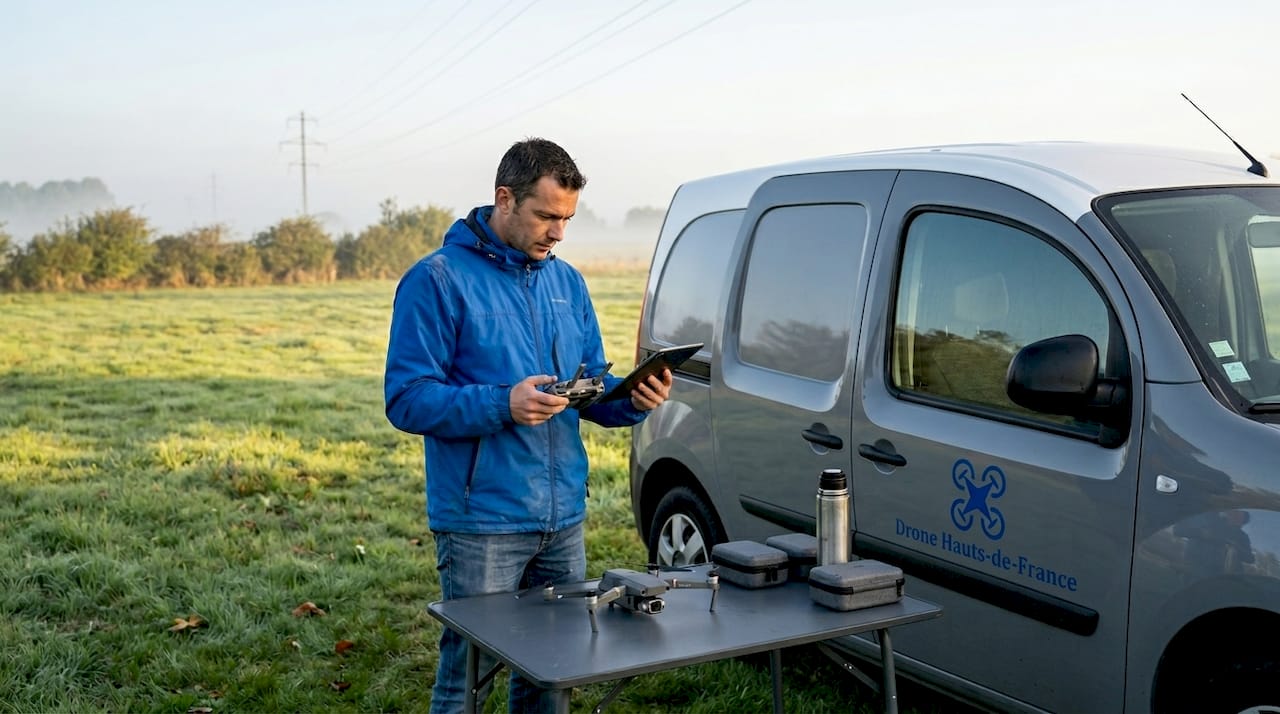 Un pilote de drone s'apprête à mettre en route son appareil pour réaliser des prises de vue.