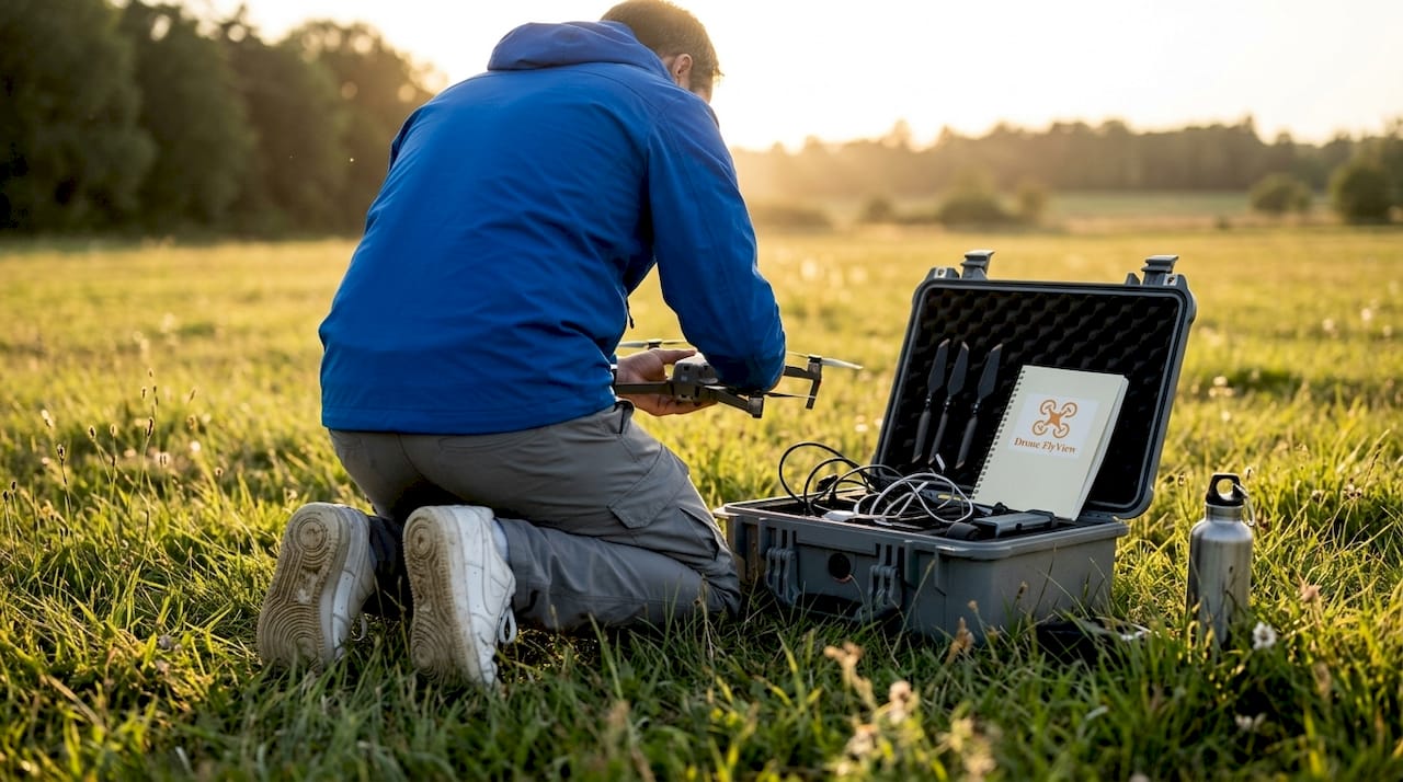 Un pilote de drone s'apprête à faire décoller son quadricoptère alors que le soleil se couche.