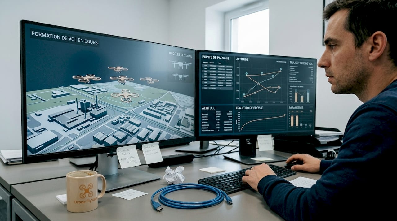 Un technicien en train d’analyser un environnement de simulation 3D pour drones