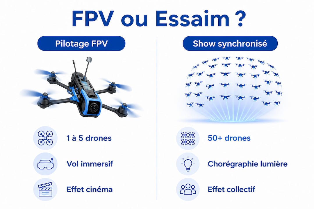 Infographie : FPV ou spectacles de drones synchronisés, quelles différences ?