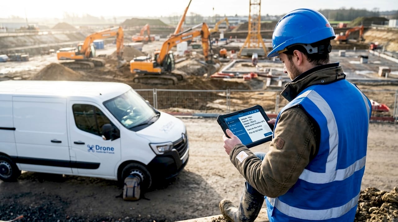 Un opérateur de drone supervise le chantier en temps réel grâce à sa tablette.