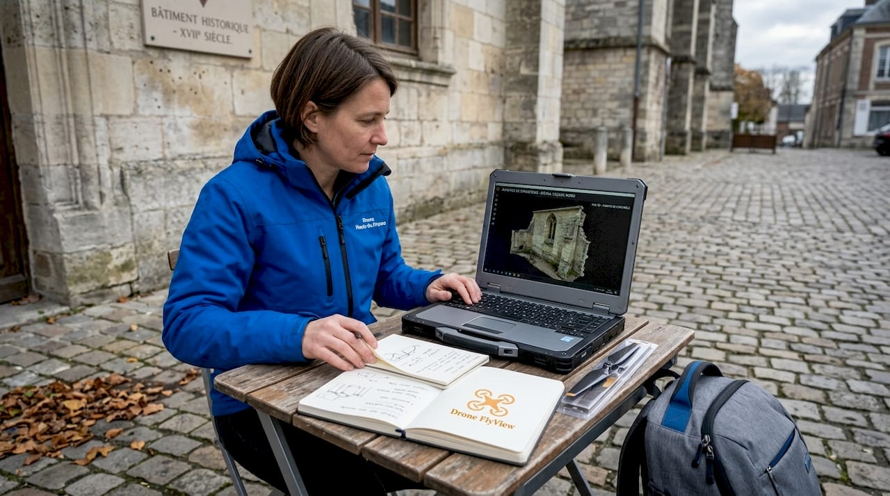Un technicien effectue un relevé numérique d’un site patrimonial à l’aide d’un drone et d’un ordinateur portable.