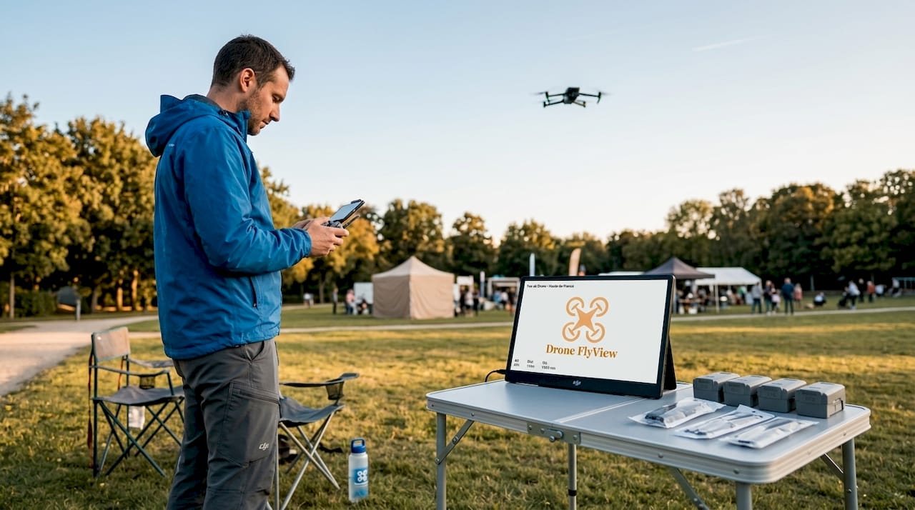 Un pilote de drone filme un événement depuis les airs dans un parc.