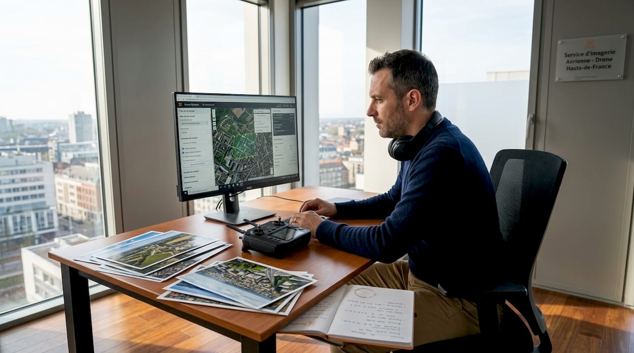 Un pilote de drone prépare ses missions depuis son bureau, en étudiant les plans et en organisant chaque étape pour garantir le bon déroulement des opérations.