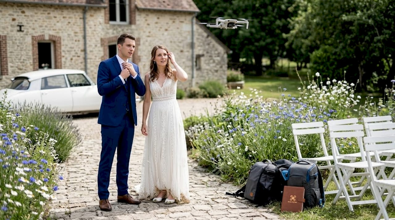 Un couple observe un drone qui survole leur réception de mariage dans le jardin.