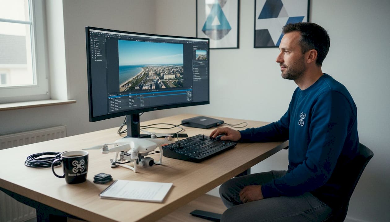 Un vidéaste spécialisé dans les prises de vue par drone peaufine ses images sur son ordinateur, installé dans son studio à la maison.