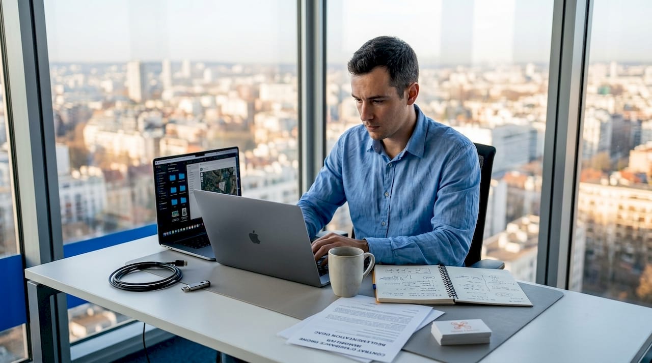 Un professionnel de l’immobilier examine attentivement les documents liés à l’utilisation d’un drone pour la visite ou l’inspection d’un bien.