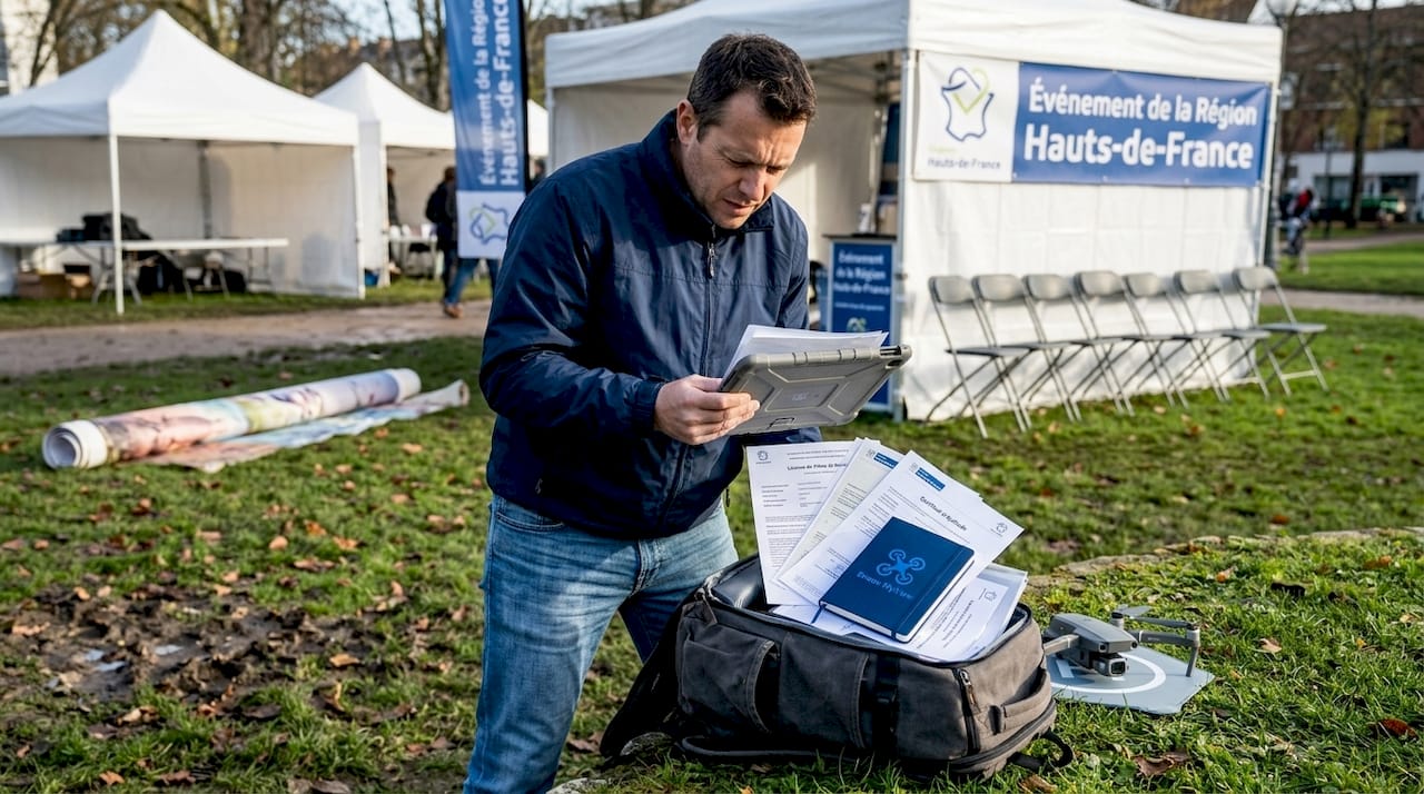 Un pilote de drone en train de préparer son appareil avant un vol en plein air.