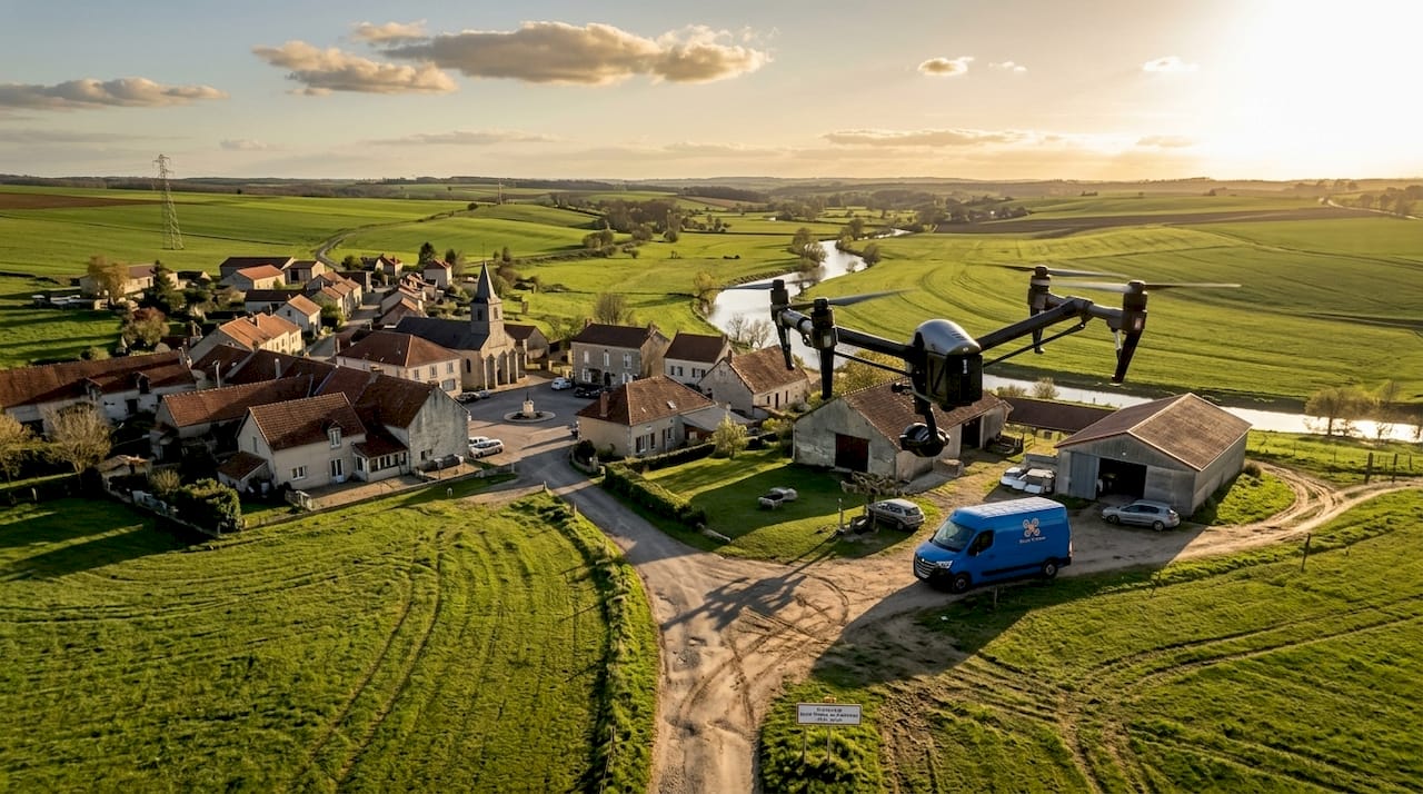 Un drone survole la campagne et capture une vue panoramique en diagonale, révélant toute la beauté du paysage rural.