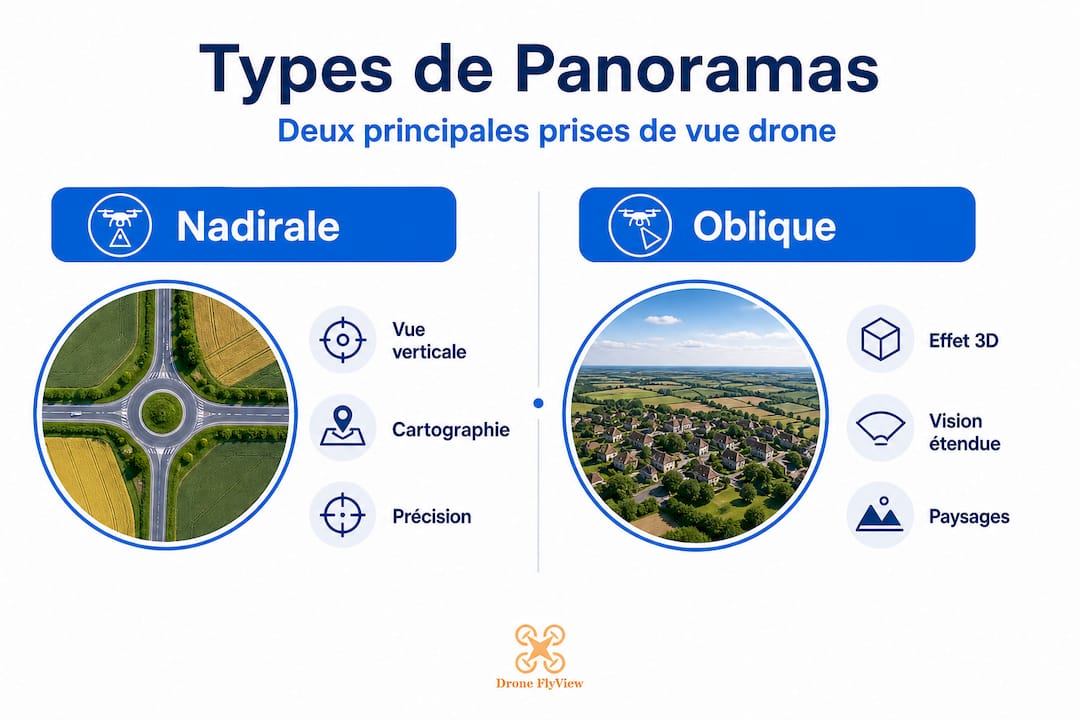 Infographie : vue d’ensemble des différences entre prises de vue drone à la verticale (nadir) et en oblique