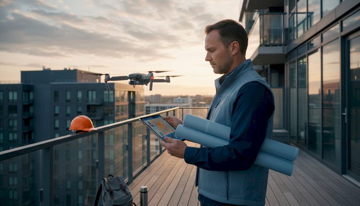 Un architecte pilote un drone au-dessus d’un chantier de construction.