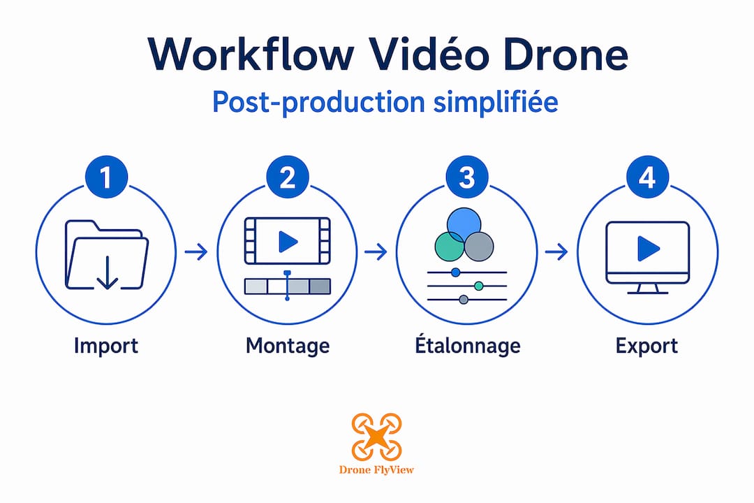 Infographie : les différentes étapes du workflow de post-production d’une vidéo réalisée par drone