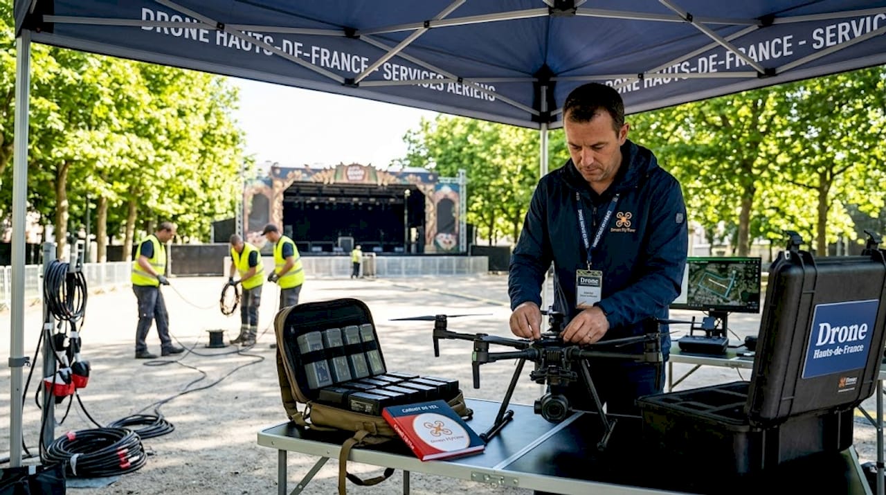 Un technicien procède aux réglages d’un drone pendant une manifestation.