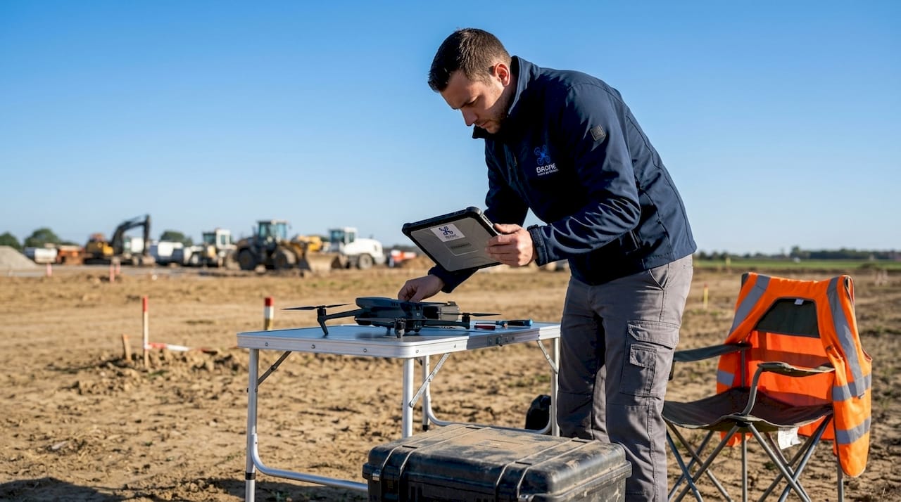 Sur le terrain, l’opérateur prépare son drone avant le décollage.