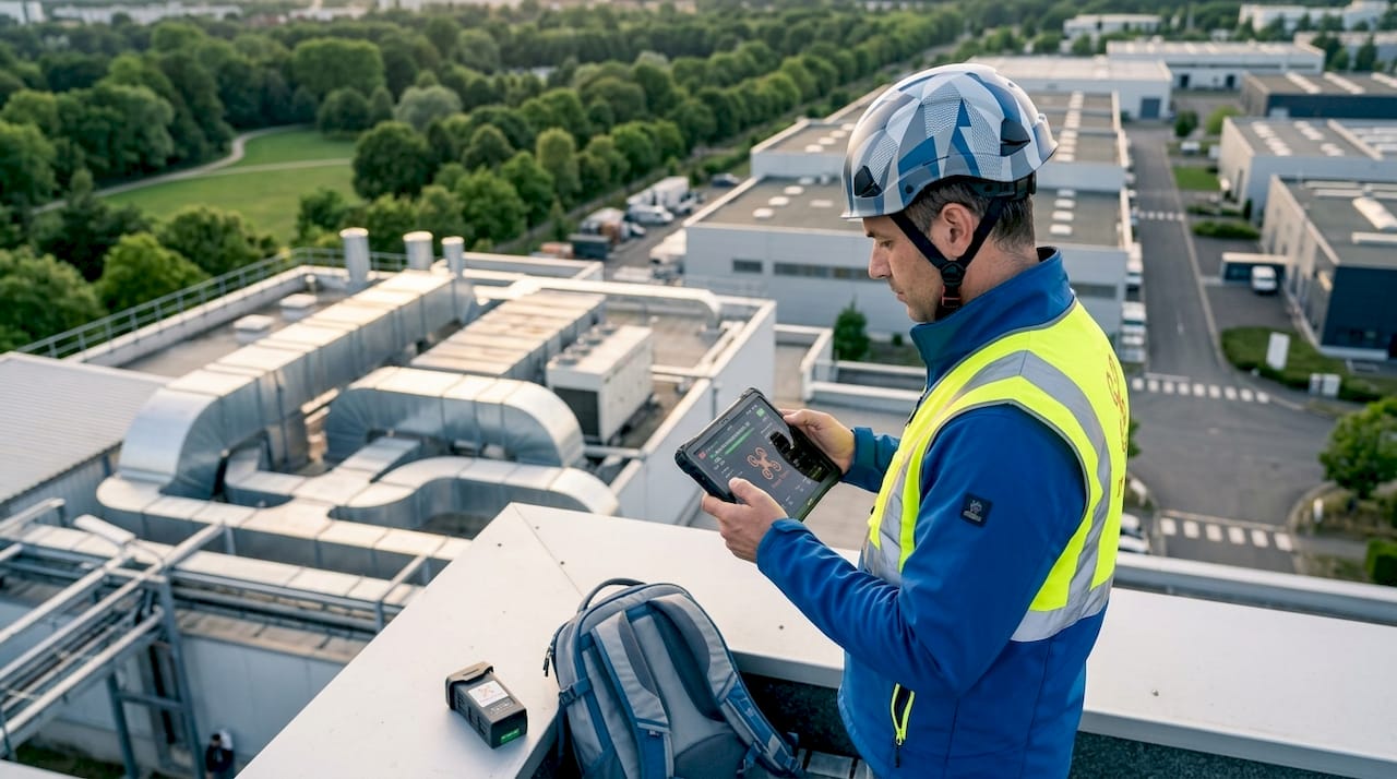 Un professionnel pilote un drone sur le toit d’un bâtiment industriel.