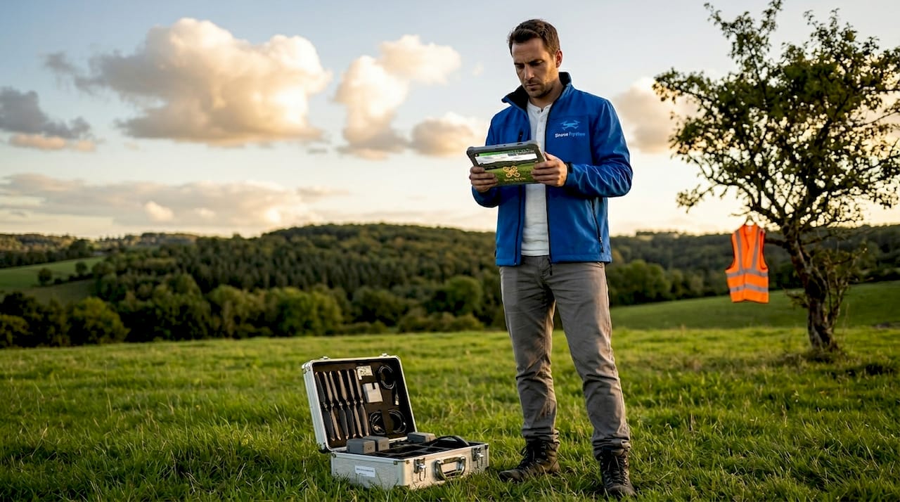 Un pilote de drone inspecte le chantier tout en contrôlant les données sur sa tablette.