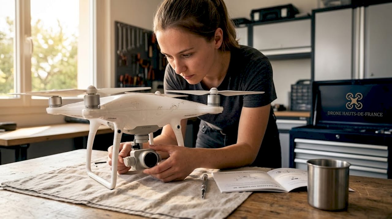 Une femme règle la nacelle de son drone posée sur la table de la cuisine.