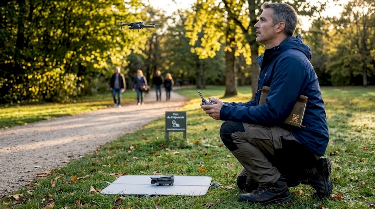 Un passionné de drones prépare son quadricoptère dans un parc.