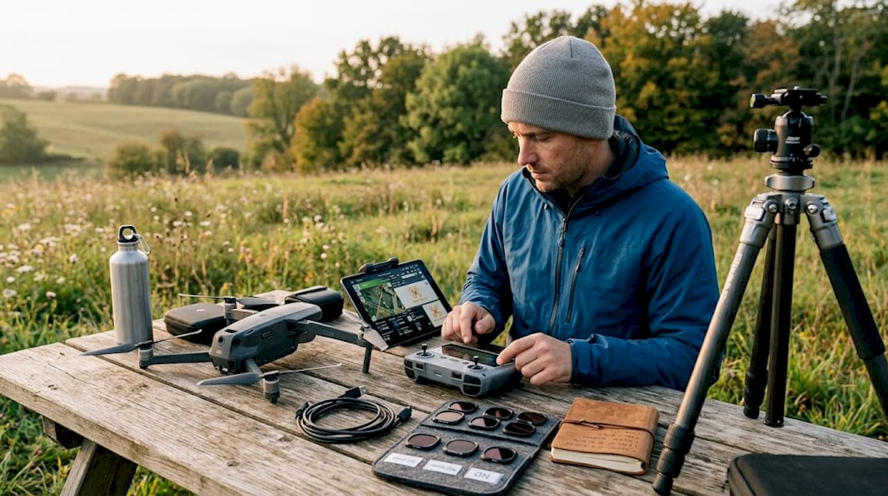 Le pilote installe et prépare son drone avant la séance photo sur le terrain.