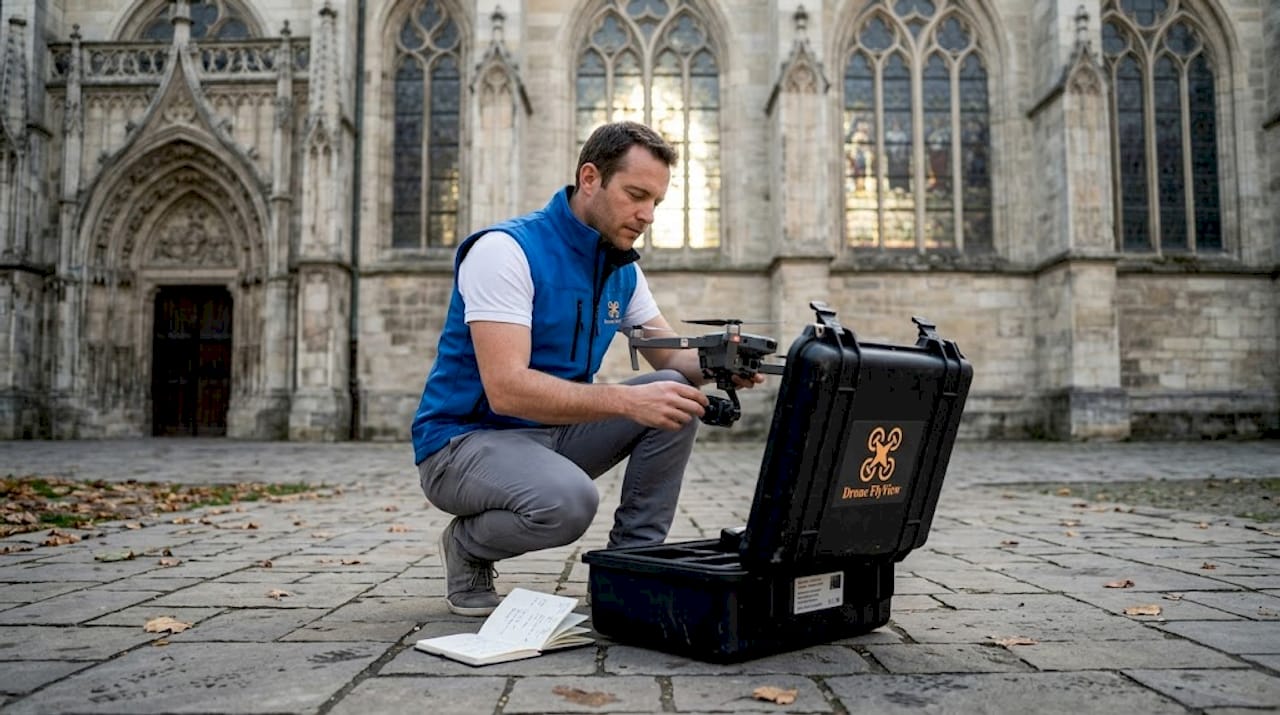 Un pilote de drone s'apprête à faire décoller son appareil près d’une église historique.