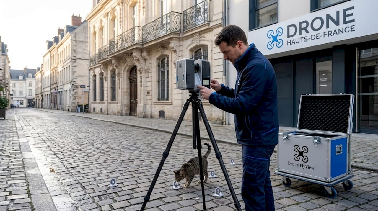 Un scanner laser installé en face de la façade d’un bâtiment ancien