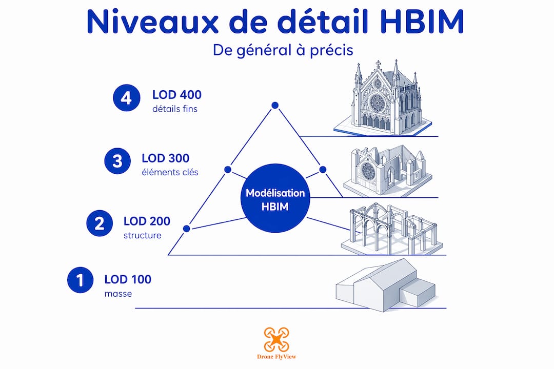 Schéma pyramidal illustrant la hiérarchie des niveaux de détail dans la modélisation HBIM