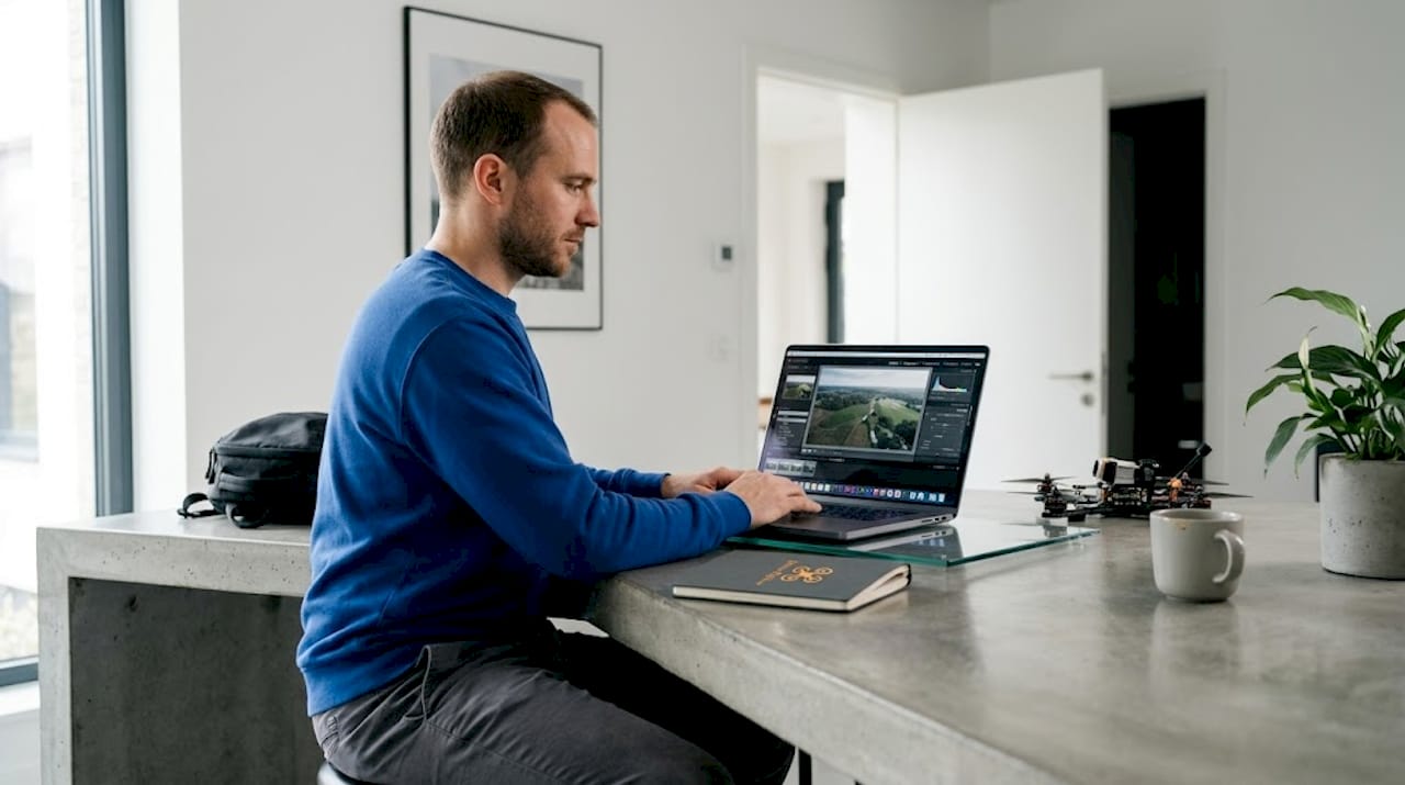 Un pilote de drone examine attentivement les photos d’inspection depuis son poste de travail.