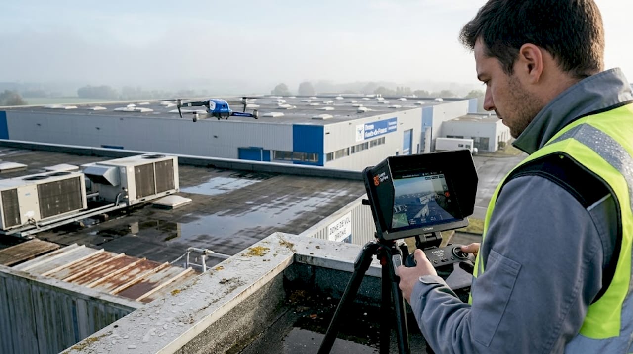 Inspection de toiture réalisée par un technicien à l’aide d’un drone équipé d’une caméra thermique