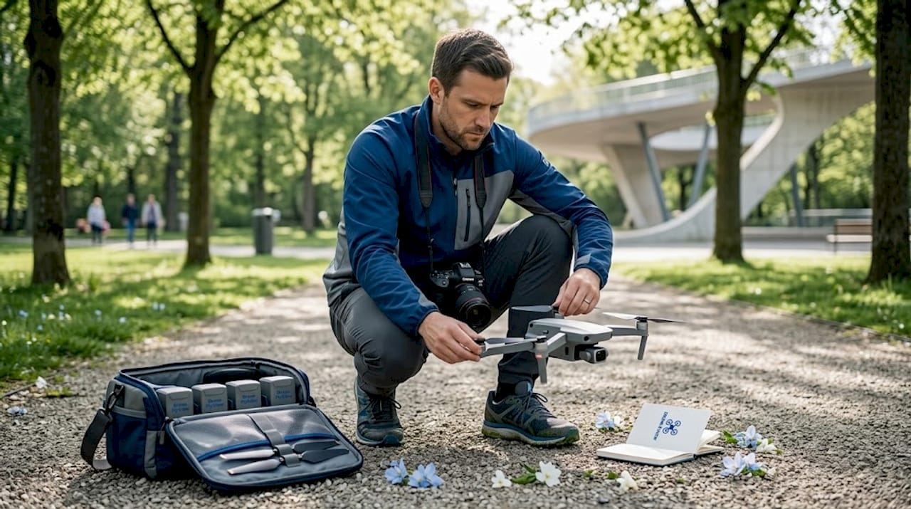 Un photographe s’installe dans le parc, prêt à mettre en marche son drone et à régler son appareil photo.