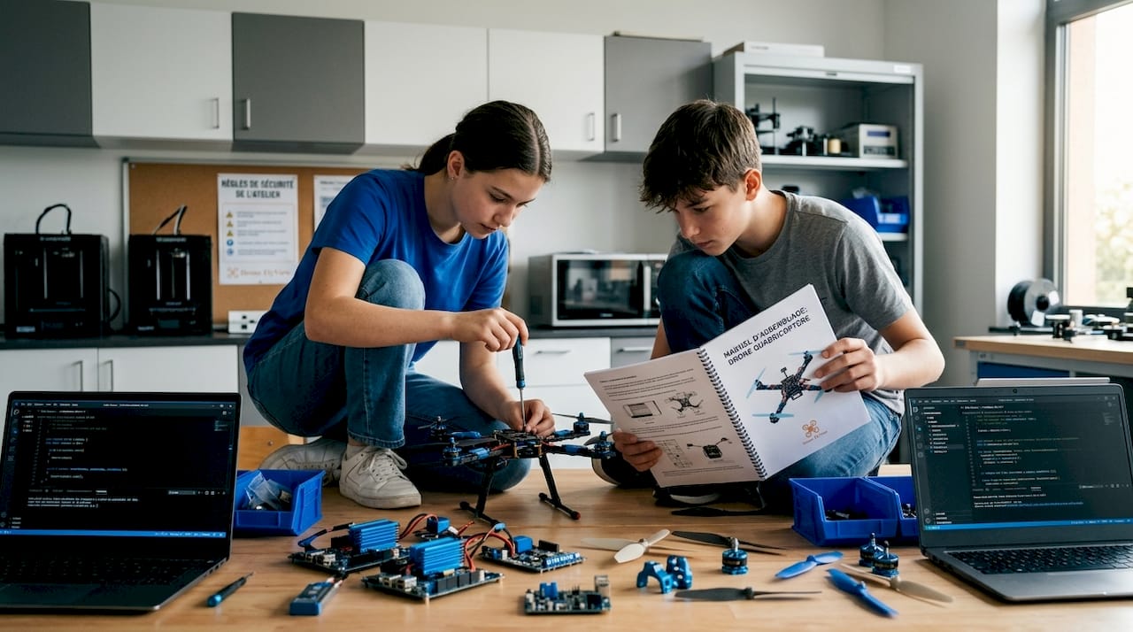 Des lycéens travaillent ensemble à la construction d’un drone lors d’un atelier proposé par leur établissement.