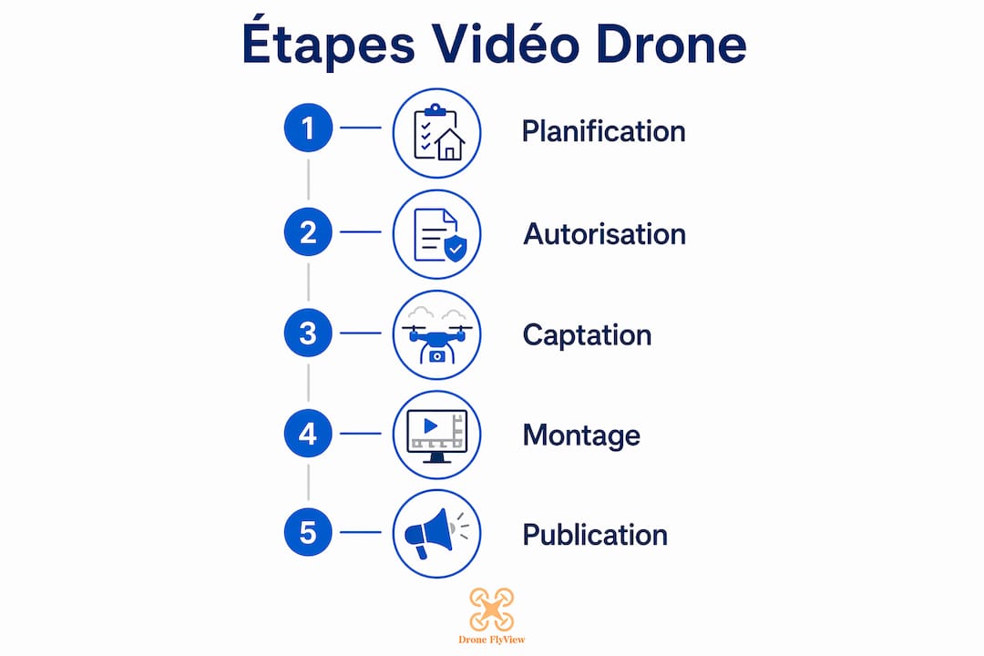 Découvrez en image les différentes étapes essentielles pour réaliser une vidéo immobilière par drone.