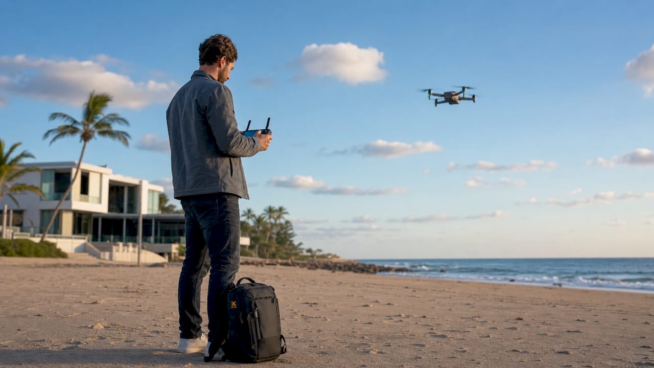 Un photographe manie son drone pour capturer des vues aériennes d'une villa.