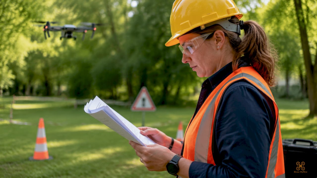 Une responsable sécurité examine attentivement les procédures d’inspection par drone.